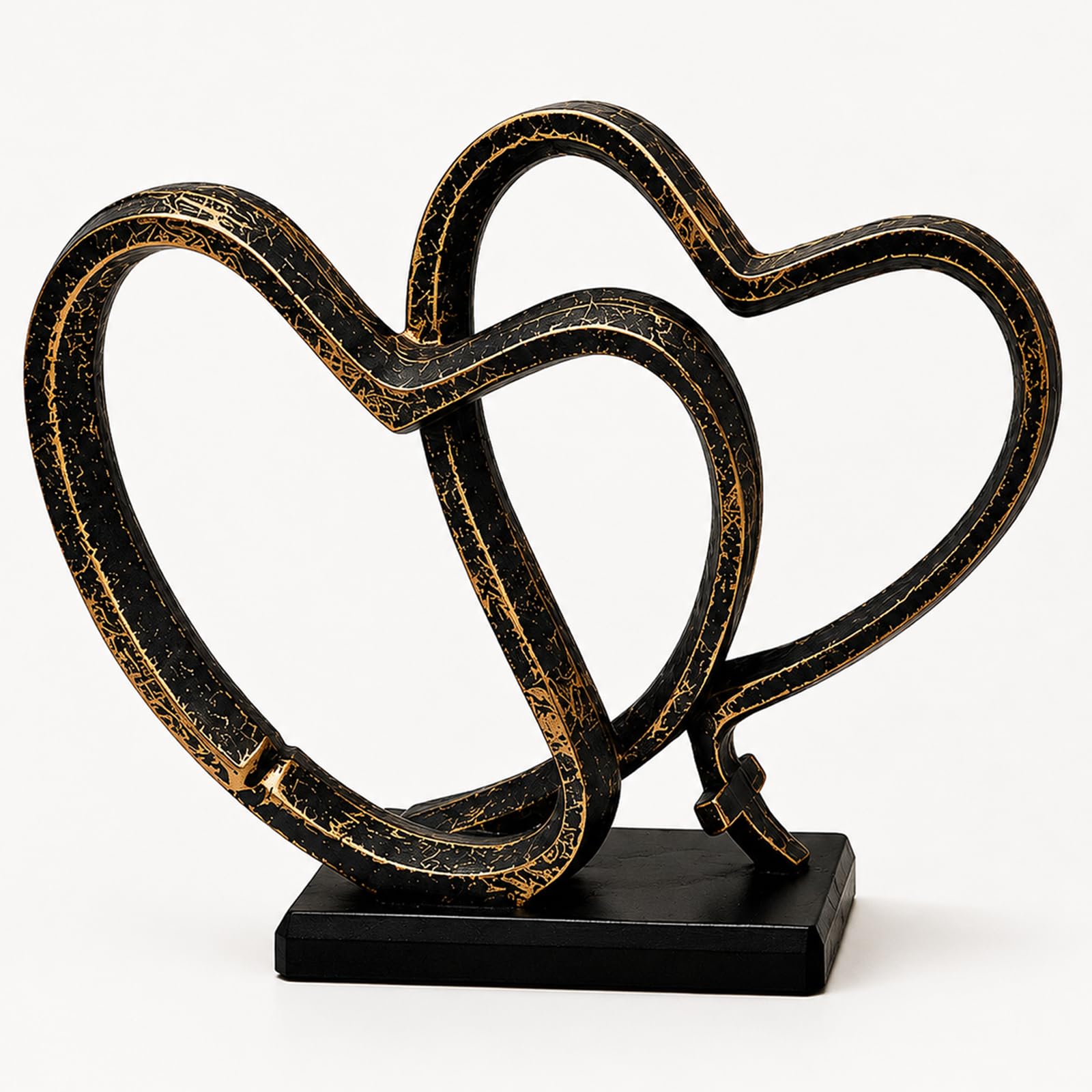 Doppelherz Deko Skulptur aus Kunstharz, Schwarz-Gold, 27 cm | Zwei verschlungene Herzen in Schwarz und Gold auf Sockel; romantische Deko und Geschenk für Hochzeit, Jahrestag oder Einzug.