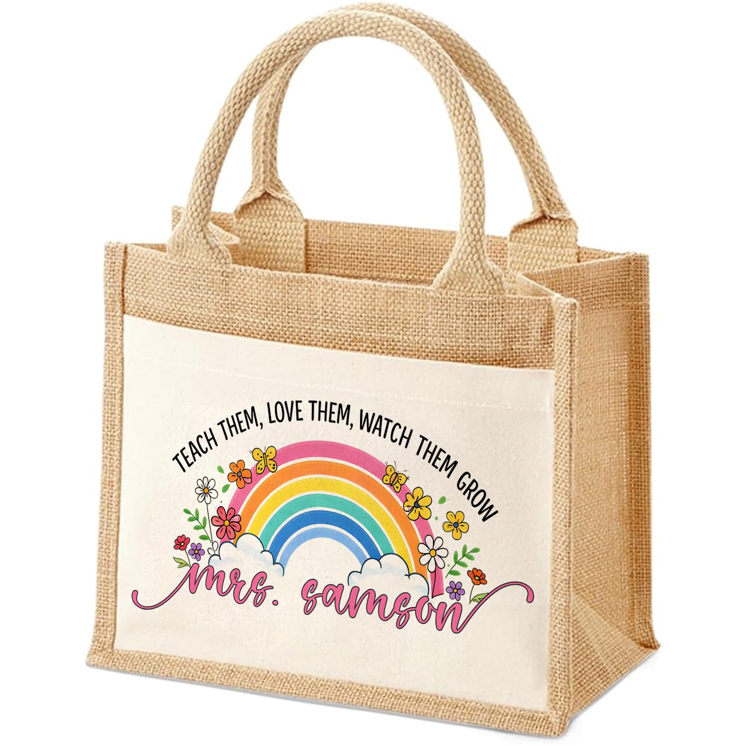 Personalised Teacher Natural Jute Tote Bag with Cotton Front Pocket | Reusable Eco-Friendly Shopping Bag | Available in 3 Sizes | Custom Name Gift for Teacher, Natural Jute Tote. (30 x 30)