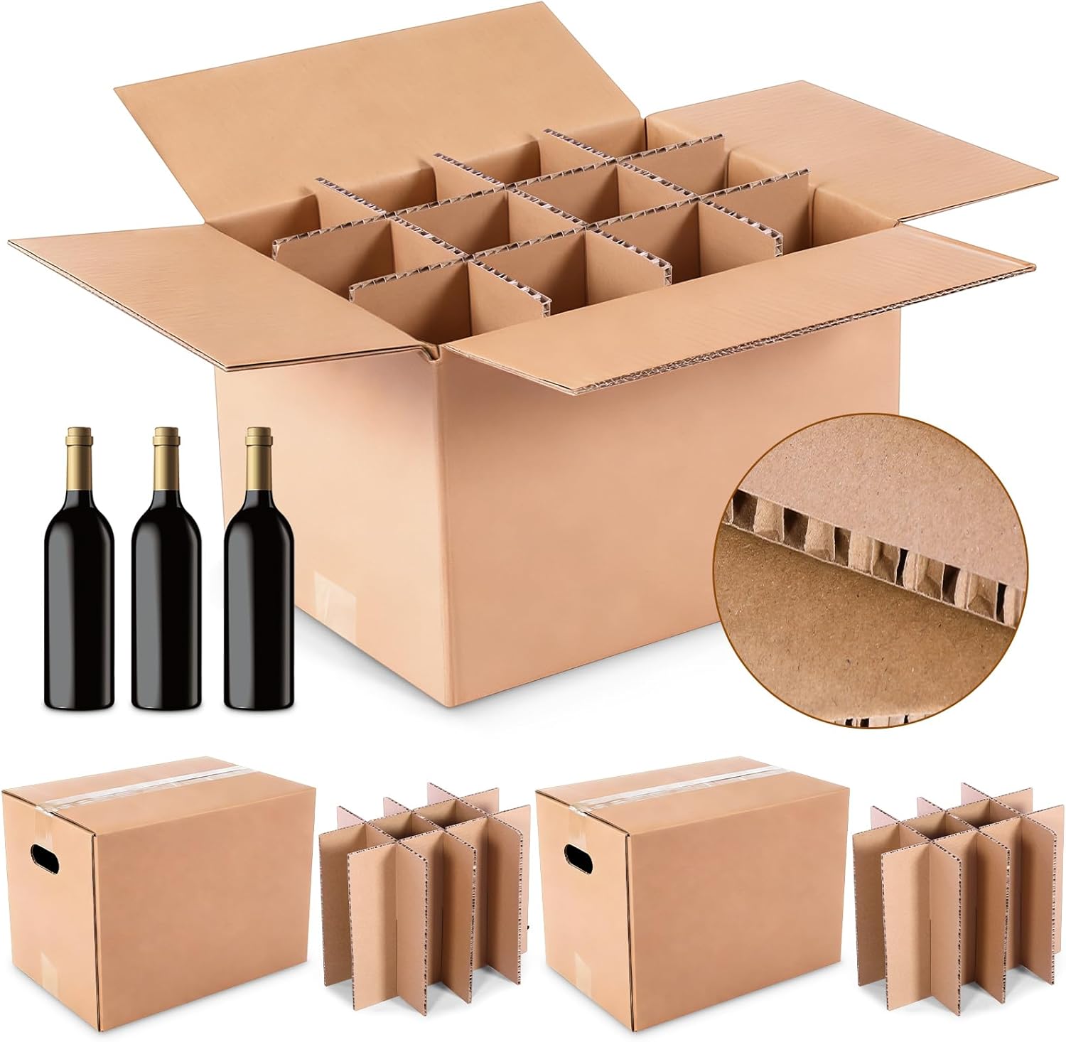 3 Sets Wine Bottles Moving Shipping Boxes, 16" x 12" x 12" Corrugated Shipper with Honeycomb Protection Insert, 12 Bottle Wine Boxes for Moving Shipping Packing Kitchen Glassware Dishes