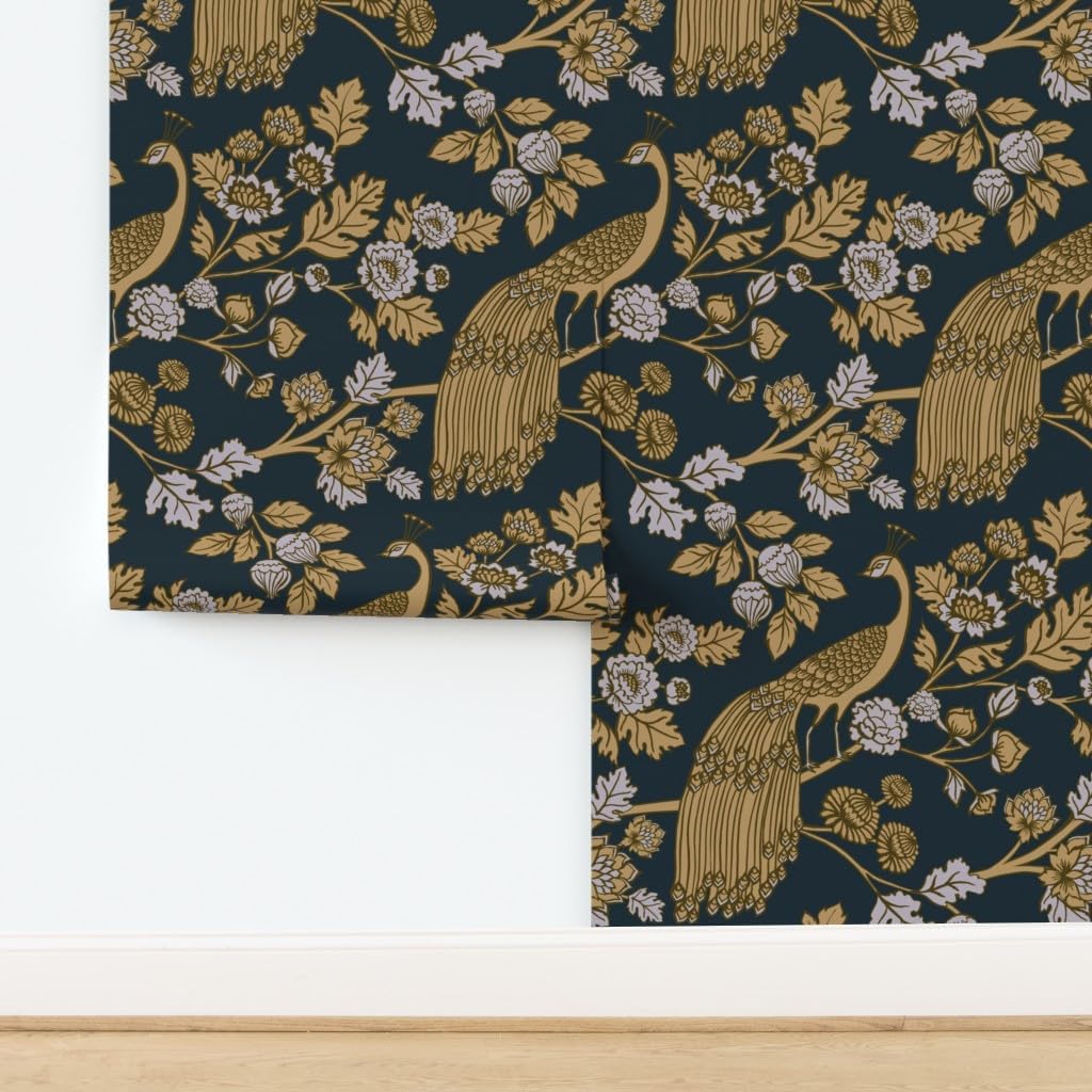 Removable Wallpaper 3ft x 2ft - Peacock Garden Rococo Baroque Chinoiserie Ornamental Decorative Midnight Gold Ornate Asian Black Custom Pre-Pasted Wallpaper by Spoonflower