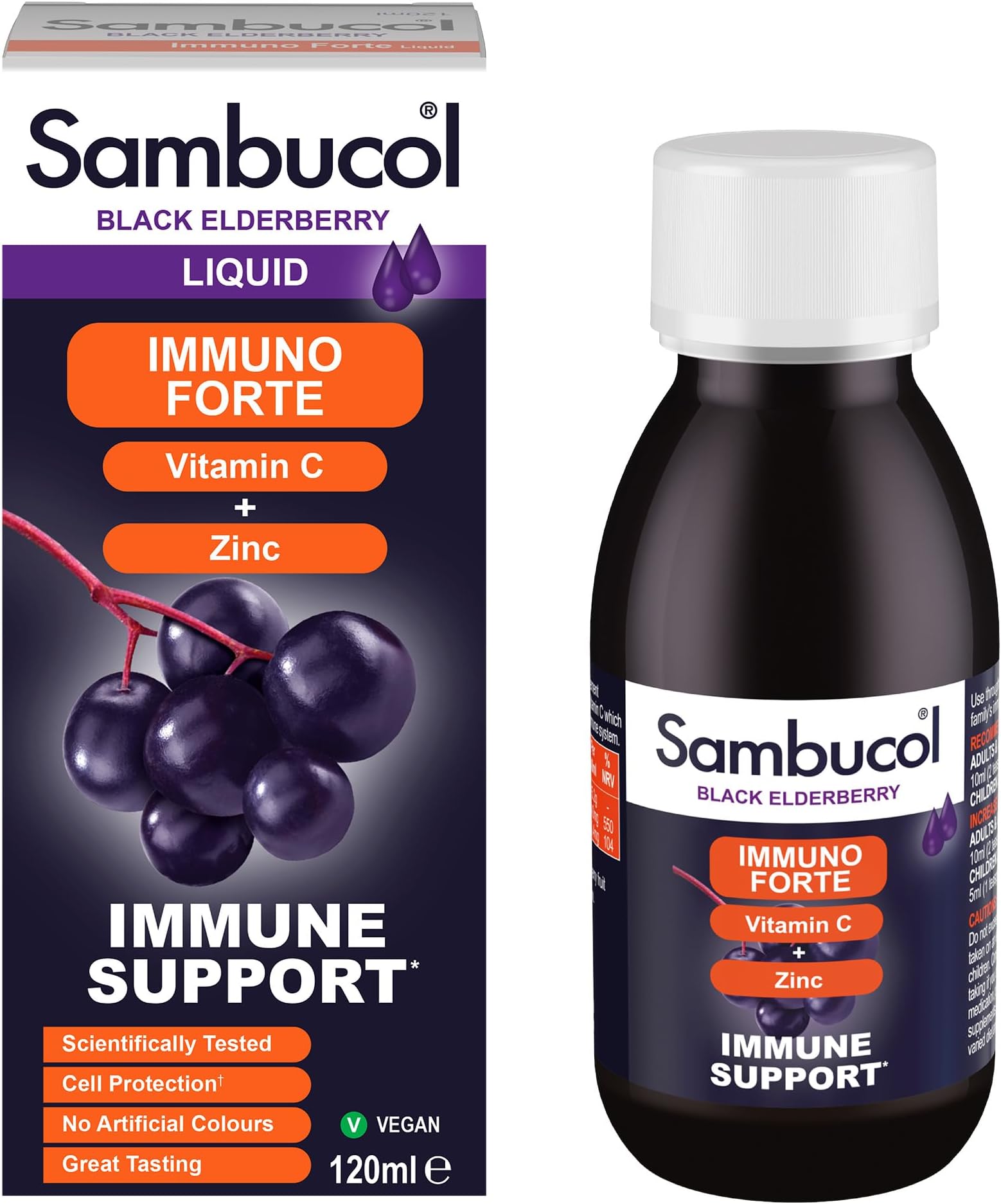 Sambucol Natural Black Elderberry Immuno Forte, Vitamin C, Zinc, Immune Support Supplement Liquid, Syrup, 120 ml (Pack of 1)