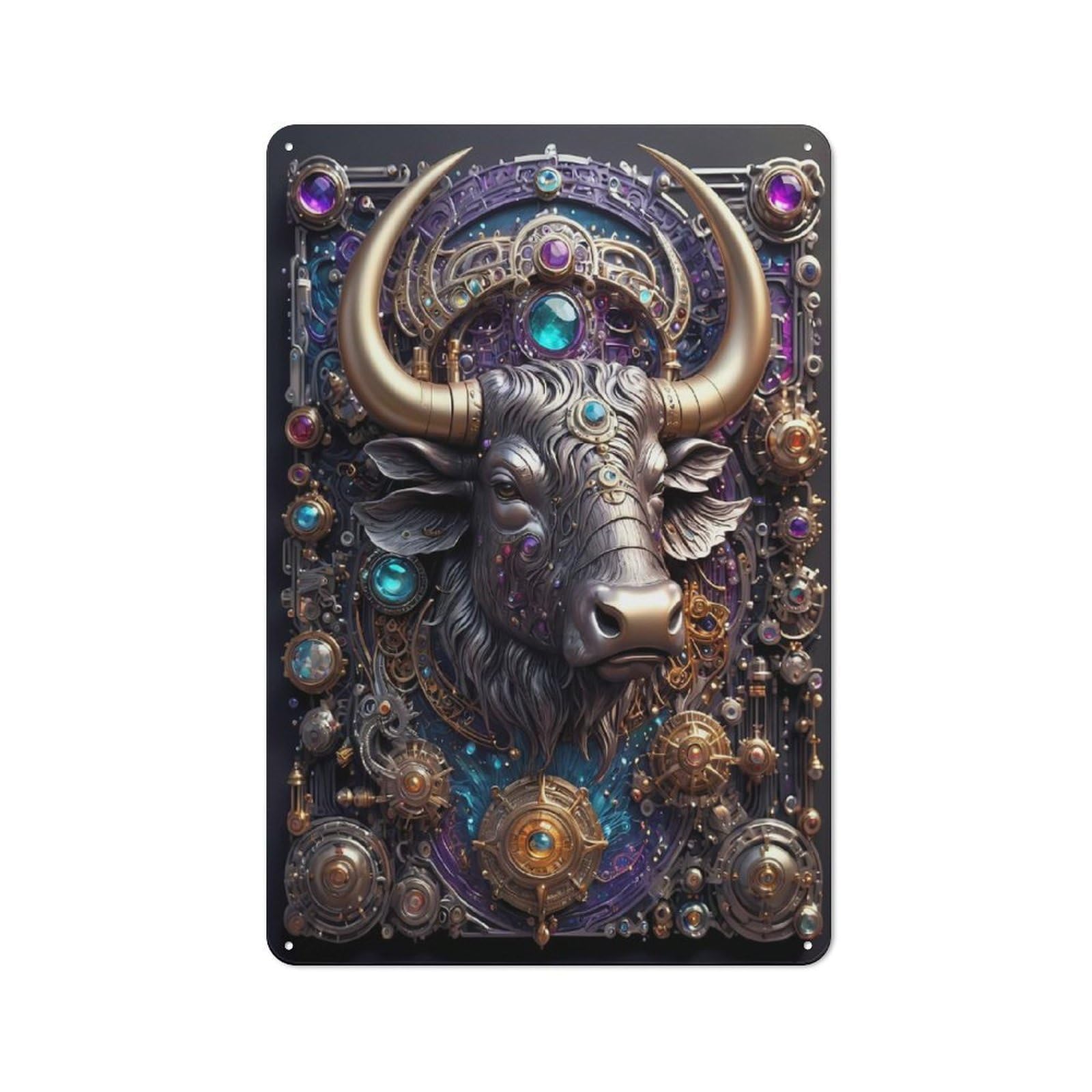 Junmoney Style-1 Tin Wall Plaque 30X20cm With Cybernetic Steampunk Bull For Workshop Wall, With Clear Retro Wall Decor Character