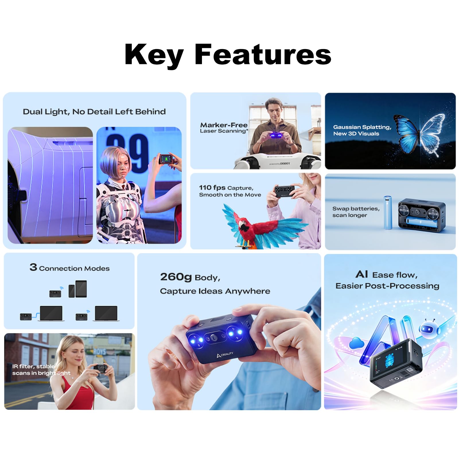 Creality Pika Scanner 3D tascabile con precisione da 0,03 mm, laser blu a 7 linee e luce strutturale IR, 110 fps, wireless, compatibile con smartphone e PC, per stampa 3D e inversa