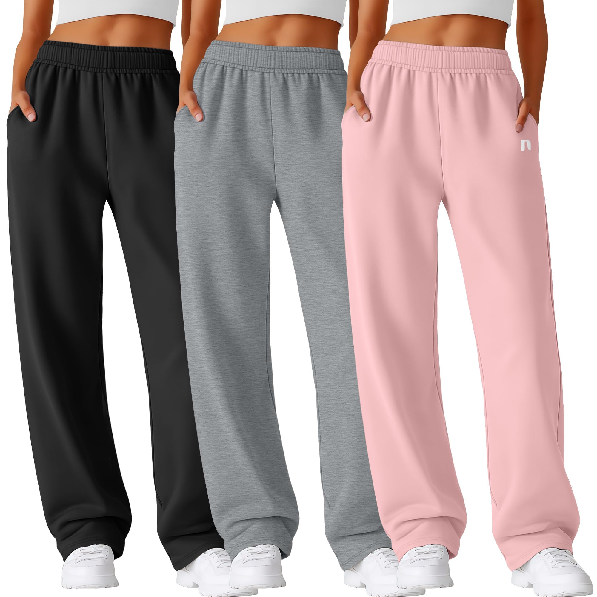 Neer 3 Pack Womens Wide Leg Sweatpants Lounge Athletic Joggers Elastic Waist Baggy Straight Leg Long Pants with