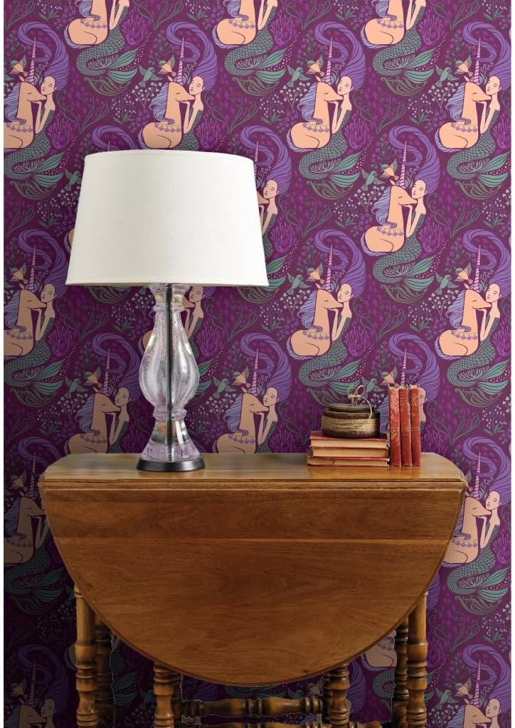 Spoonflower Commercial Grade Wallpaper 27ft x 2ft - Mermaid Unicorn Mythical Purple Storytelling Magical Baby Girl Fantasy Traditional Wallpaper