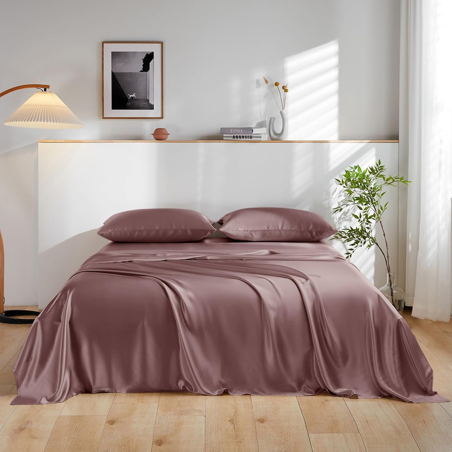 THXSILK 100% Mulberry Silk Bed Sheets Set - 4pcs Pure Silk Sheets Set - Flat Sheet, 16" Deep Pocket Fitted Sheet, 2 Pack Silk Pillowcase with Zipper Closure - Queen Size, Purple