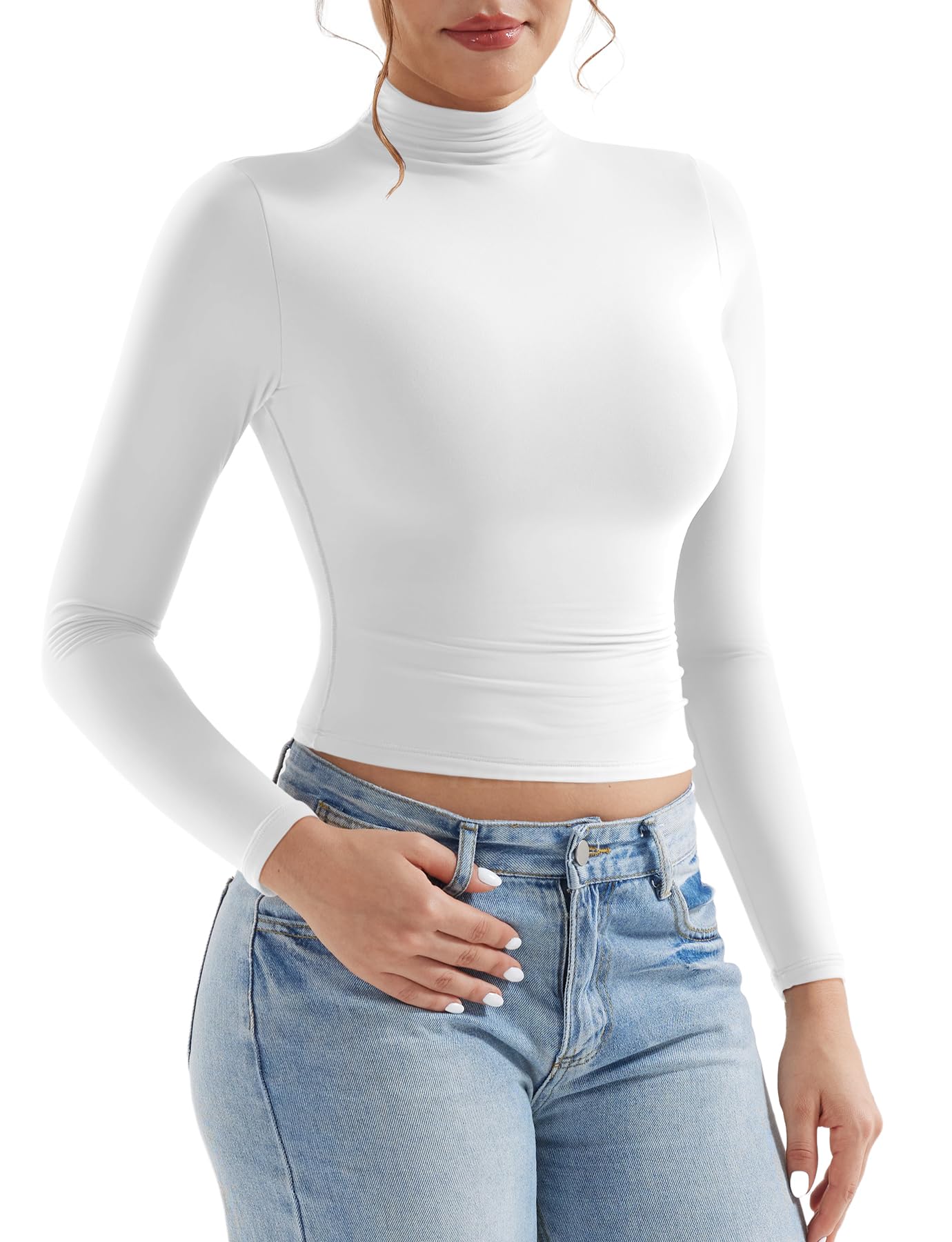 YEOREO Long Sleeve Workout Crop Mock Thermal Turtle Neck Double Lined Base Tops Shirts Women Sariah Y2k Undershirt