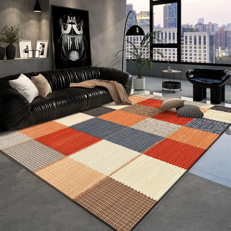 Teppich Wohnzimmer Waschbar 110 x 150 cm rutschfest Maschinenwaschbar,für Schlafzimmer,Küche,Bad,Esszimmer und Flur Modernes Geometrisches Patchwork in Orange