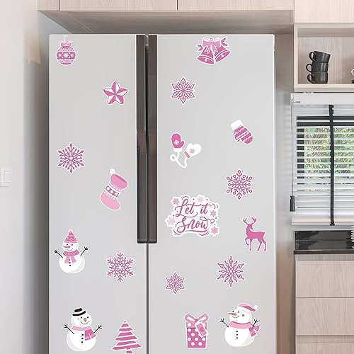 Miniatura 4 de Whaline 20 imanes de decoración de Navidad, imanes de invierno rosados, muñeco de nieve, copo de nieve, calcomanías magnéticas decorativas para