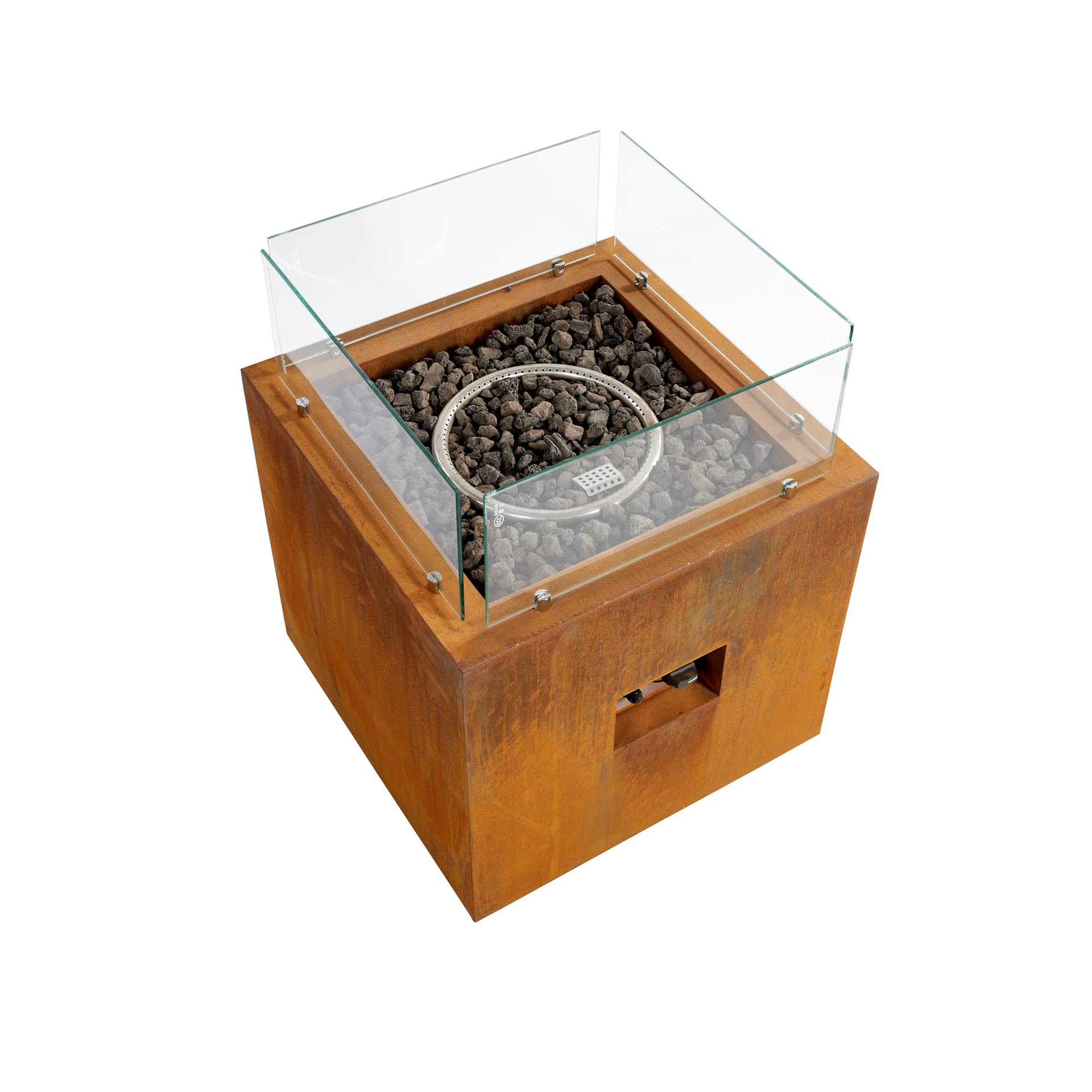 intergrill Gasfeuerstelle Fire Pit | 60 x 60 x 81,5 cm | Feuertisch Feuerschale für Garten Lavasteine Glas | Patinierter Cortenstahl | Mediterranlook