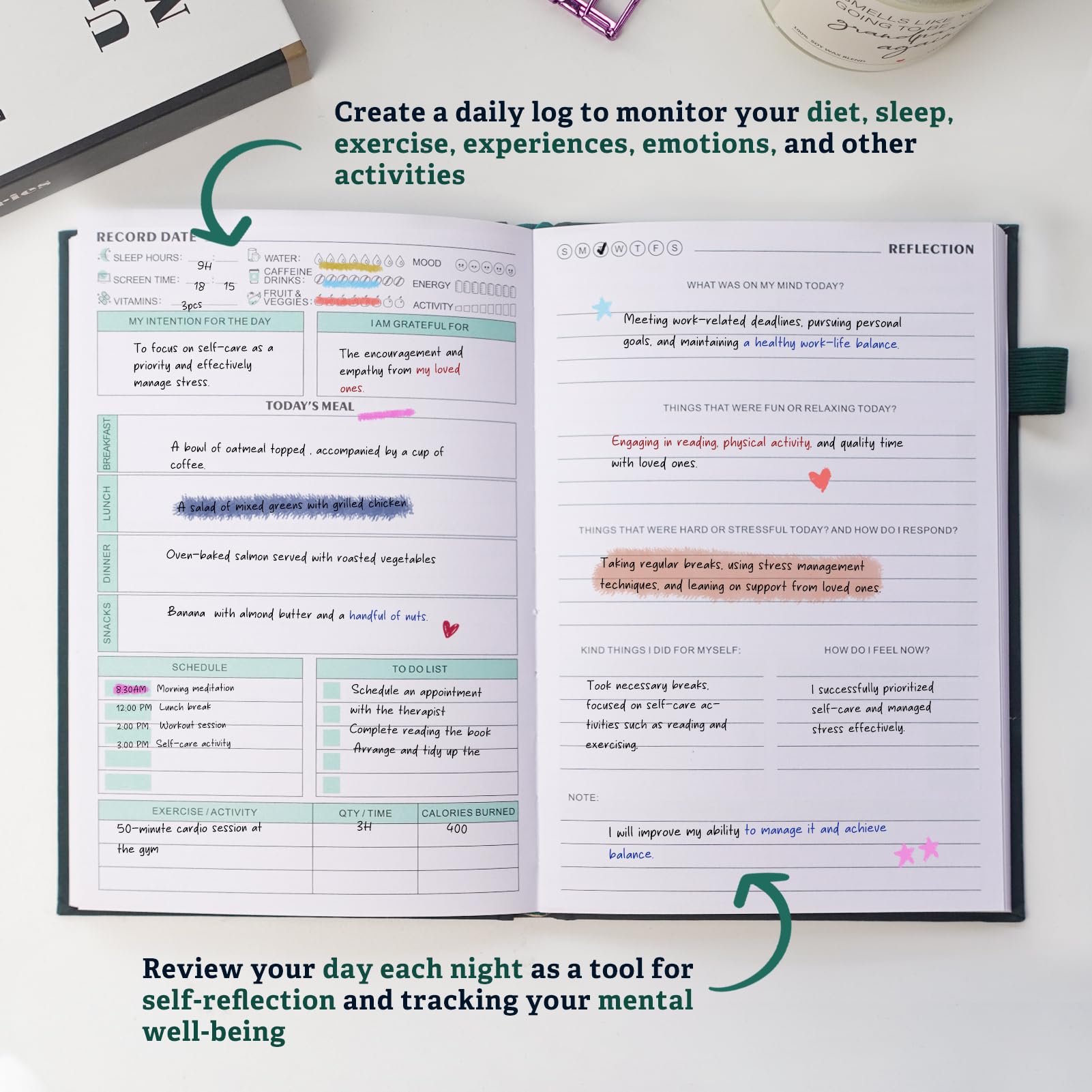 Diario de salud mental para mujeres y hombres, diario de ansiedad y guiado con rastreador de estado de ánimo y hábitos, toma 5 minutos todos los días, diario de cuidado personal de 91 días con