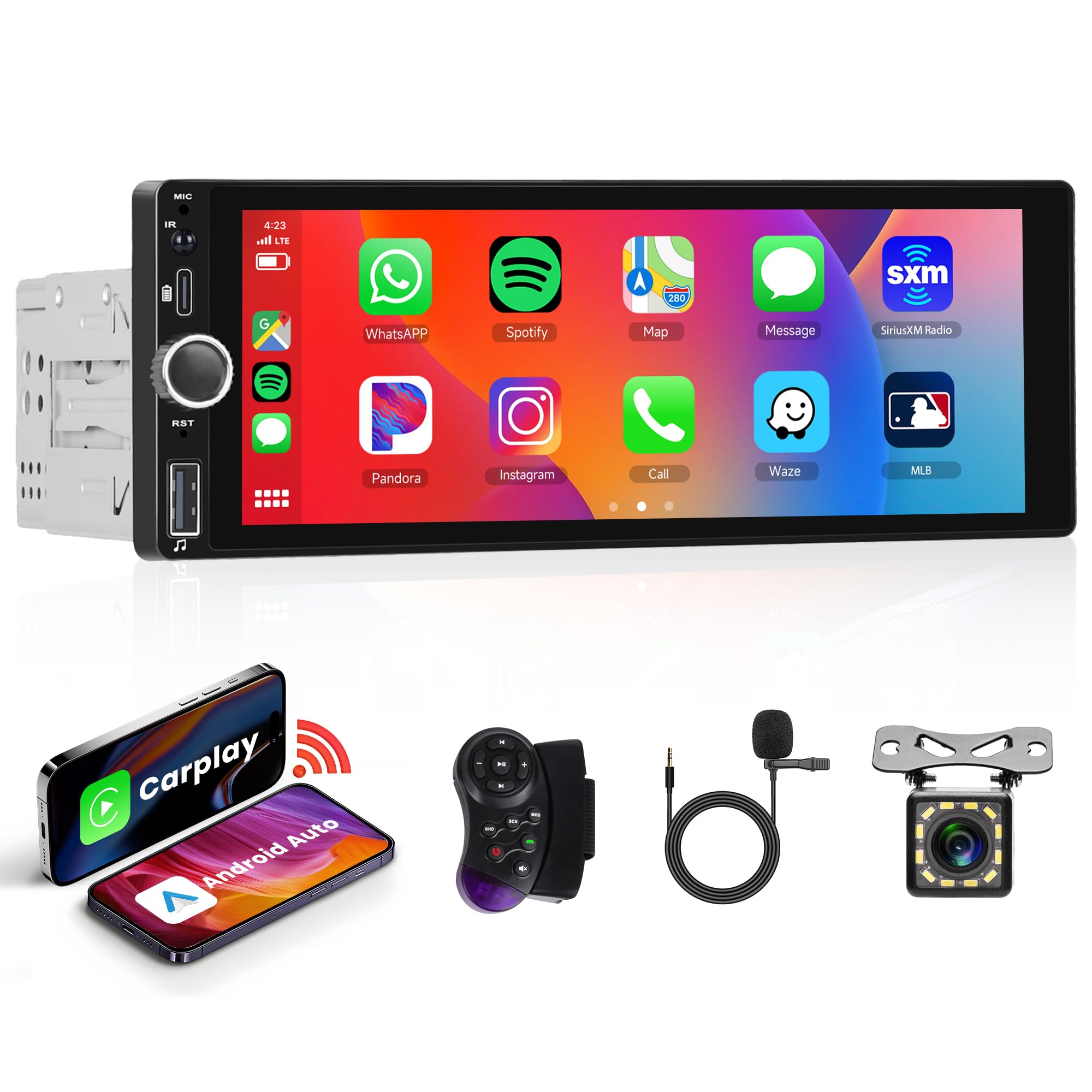Single Din Touchscreen Car Stereo Wireless Carplay Android Auto, 6.86 inch Car Radio with Bluetooth 5.0 Mirror Link FM/EQ USB/AUX/TF/SWC/MIC Car Audio Receiver with Backup Camera