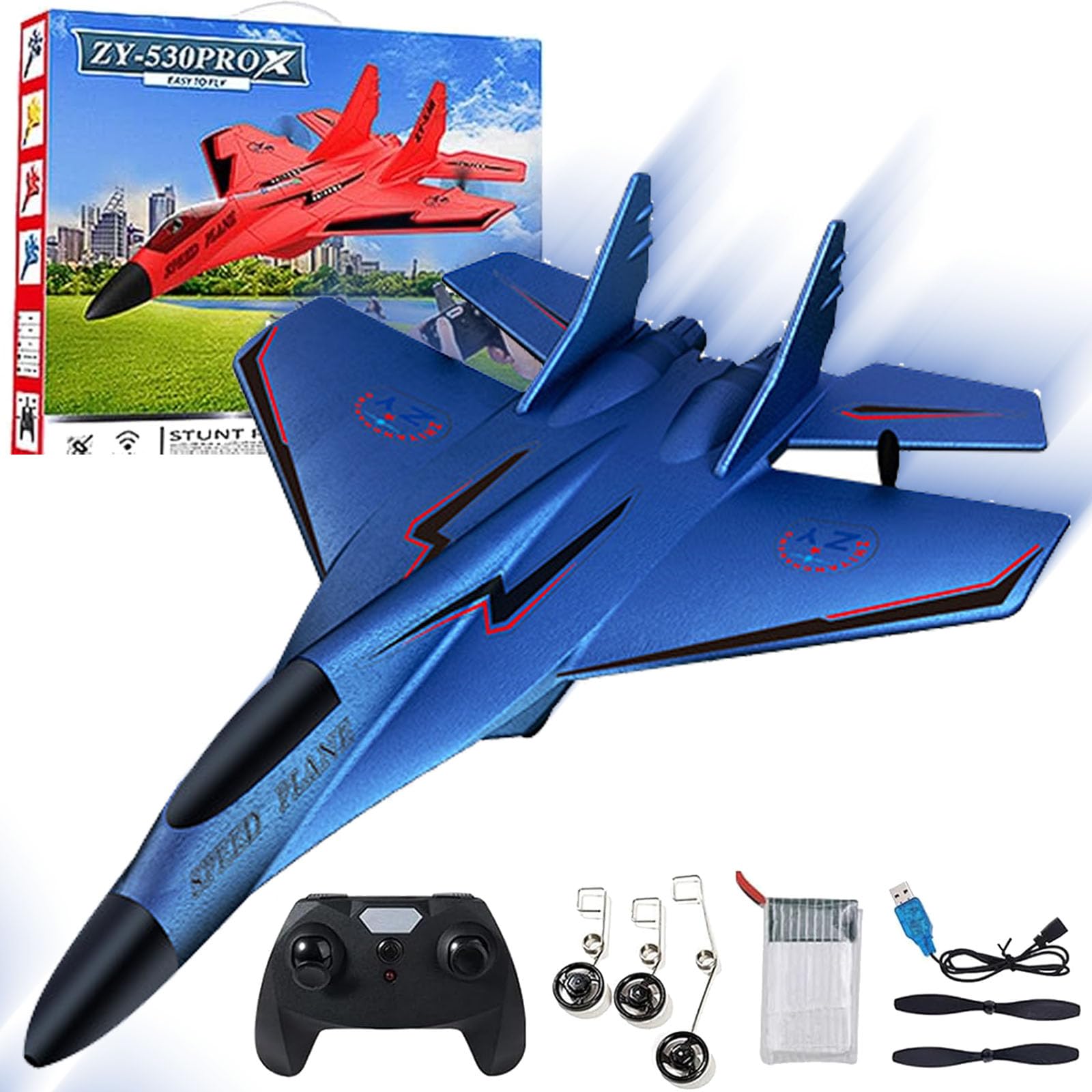 NNBWLMAEE Zy 530 Pro Rc Plane, 2.4ghz Rc Remote Control Fighter Plane Model, Rc Helicopter with Lights, Electric Light 360°Flip Remote Control Aircraft, for Aldult & Beginners (320-Blue)