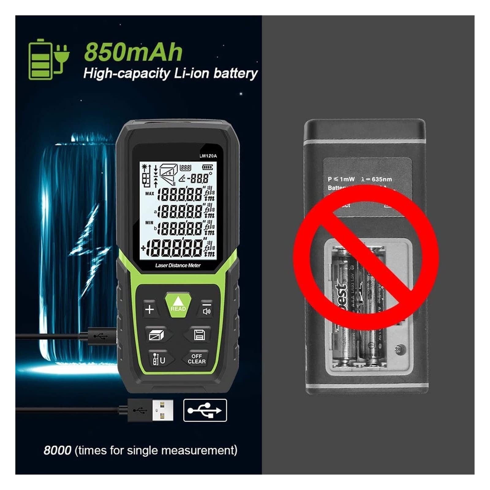 medidor de distancia láser, Telémetro láser Medidor de distancia 330Ft/100M LCD retroiluminado Medida láser M/In/Ft con batería de iones de litio Sensor de ángulo eléctrico Medir distancia, área y vol