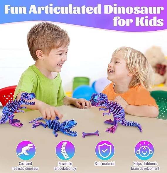 3D Printed Dinosaur Bones - Articulated T-Rex Skeleton Fidget Toy for Home Office Decor, Poseable T-Rex with Flexible Joints for Stress Relief and Anxiety (Purple)