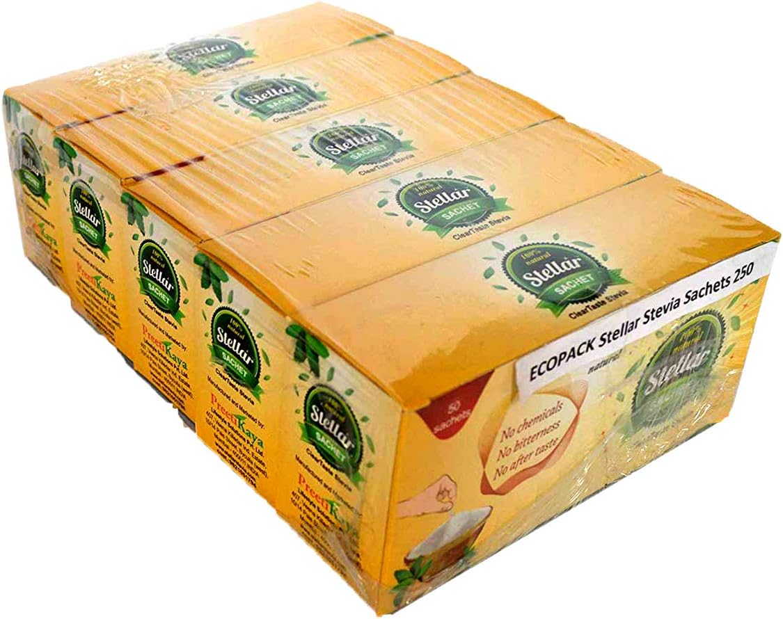 Stevia Natural Sweetener Sachets Sugar Substitute, Sugar-free Table Sweetener (Pack of 50 Sachets) (Pack of 5)
