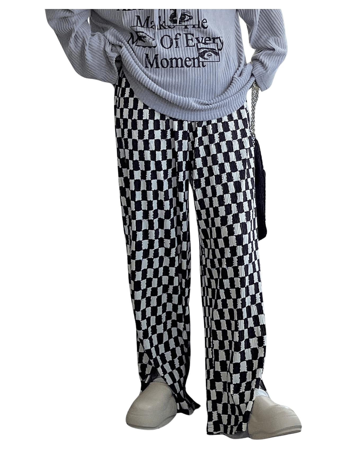 SHENHE Womens Checkered Pants Split Hem Straight Leg Elastic Waist Casual Loose Pants