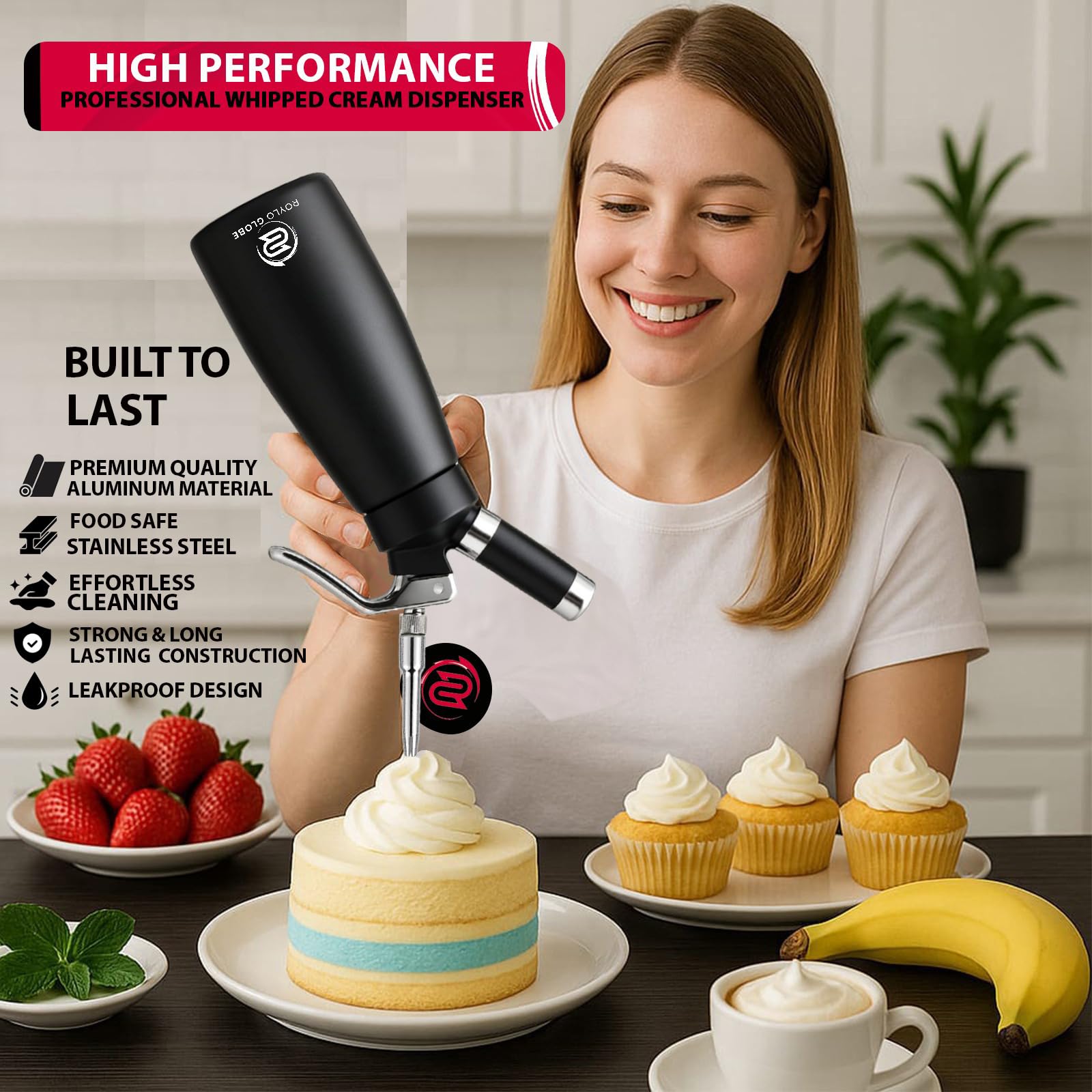 Distributeur professionnel de crème fouettée en aluminium de 500 ml avec 5 embouts de décoration – Machine à crème fouettée avec 2 brosses de nettoyage – Boîte de crème fouettée faite maison robuste