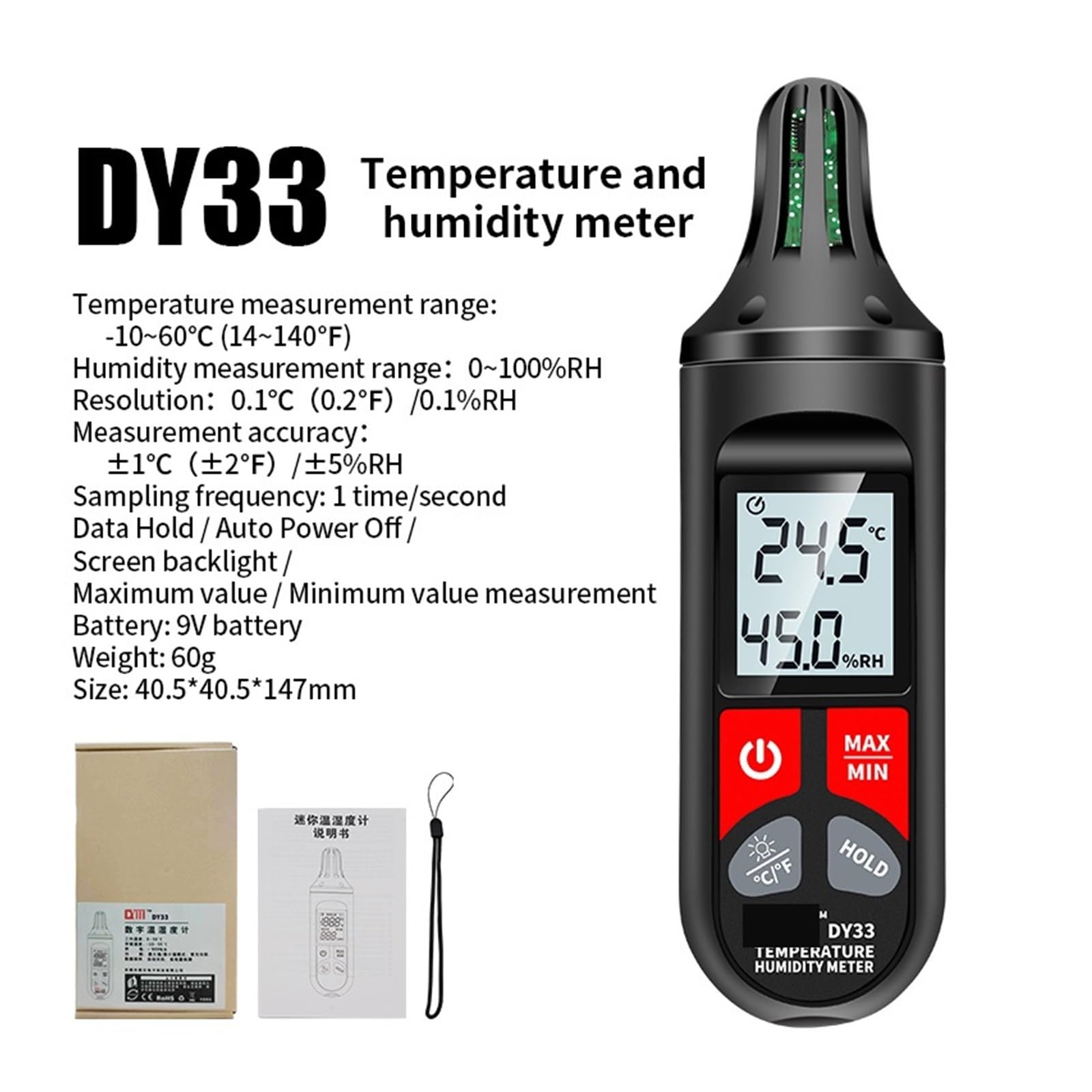 Termómetro higrómetro digital de mano DY33, sensor de temperatura interior de -10 ℃ a 60 ℃, medidor de humedad con higrotermógrafo retroiluminado.
