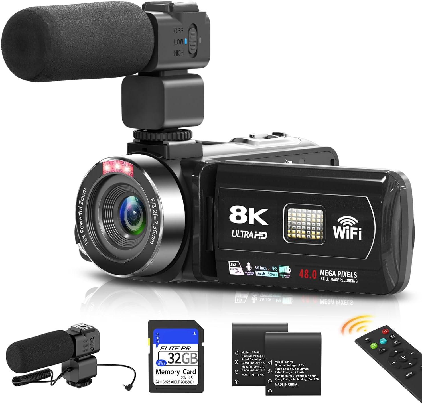 Video Camera, 8K 48MP 15FPS WIFI Camcorder with IR Night Vision, 3” Touchscreen, 18X Digital Zoom, Vlogging Camera for YouTube with Microphone, Remote Control, Dual Batteries and 32GB SD Card
