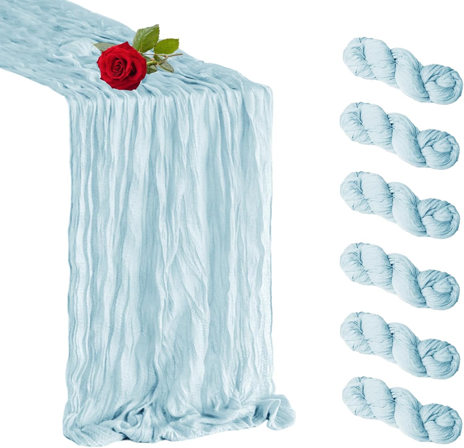 6 Pack Baby Blue Cheesecloth Table Runner 35 x 120 inch Boho Rustic Gauze Table Runner 10 FT Long, Semi Sheer Cheese Cloth Runner for Wedding Party Banquet Baby Shower Birthday Decoration