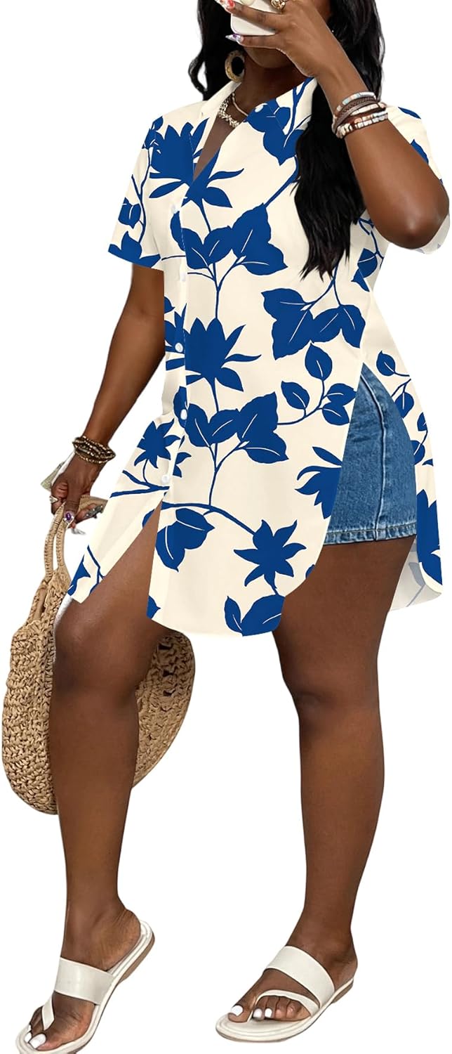 LYANER Women's Collar V Neck Button Down Slit Hem Short Sleeve Blouse Long Shirt Top - Image 5