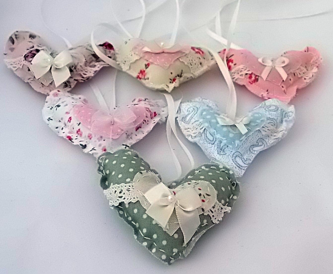 Wooden Dreams Set of 6 pretty handmade fabric hearts, complete with ribbon and embellishment, in a mixture of co-ordinating colours