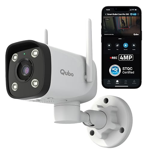 Qubo Smart Bullet Cam Pro 180° by Hero Group | STQC Certified | AI Person Detection | Automatic Alarm & Spotlight | Night Vision | IP66 Rating | Records Directly on Cloud | No SD Card Required