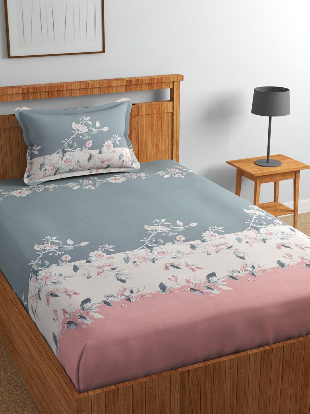 DECOMIZER Cotton Feel All Around Elastic Fitted Glace Printed Single Bed Bedsheet with 1 Large Pillow Cover Fits Upto Mattress of 6 Inches,Size - 42 x 75 x 8 Inches, Pink Patta