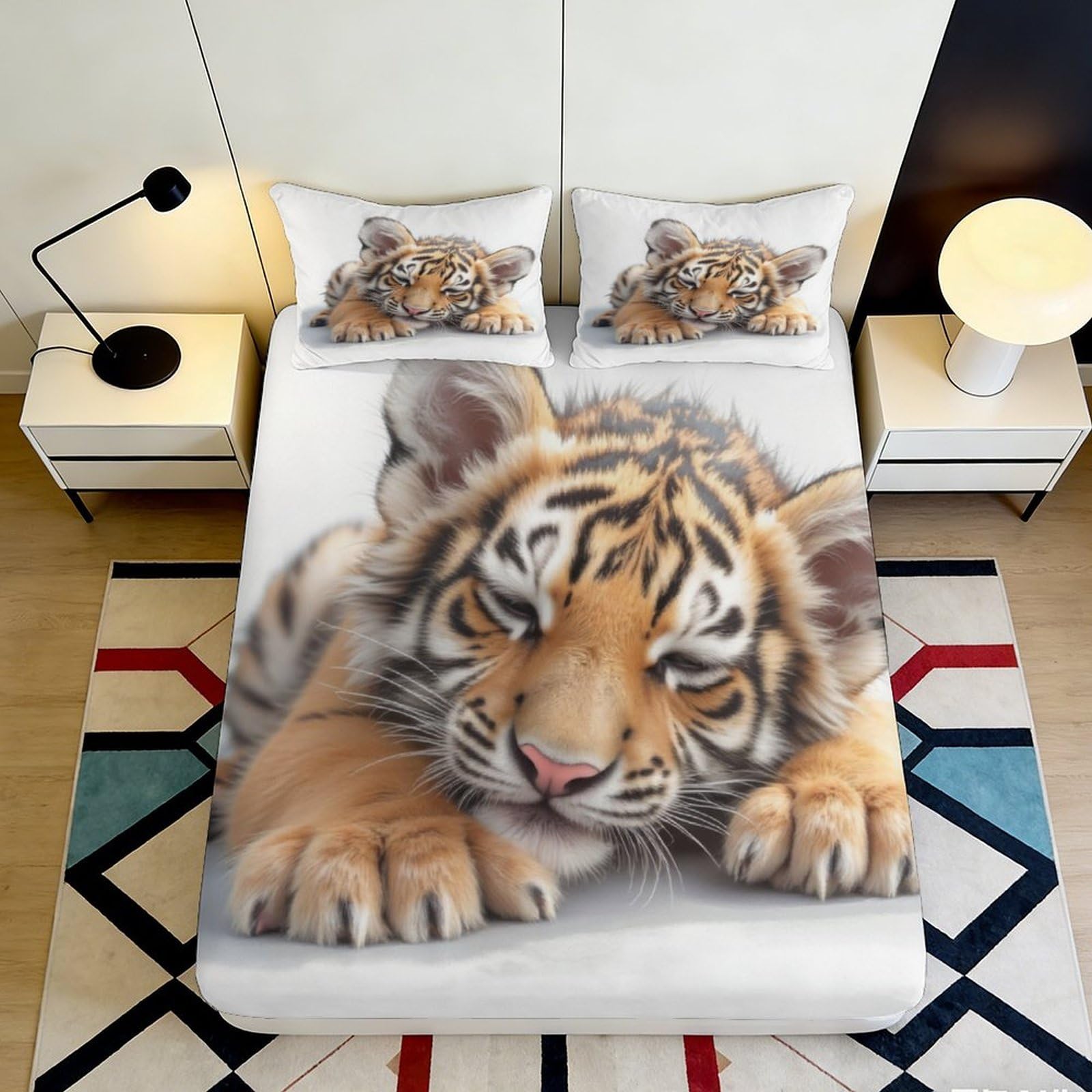 3D Printed Tiger Cub Fitted Sheet Microfiber Soft Breathable Animal Bed Cover for Bedroom Guest Room Dorm Mattress Protection Decor 140x200x25cm