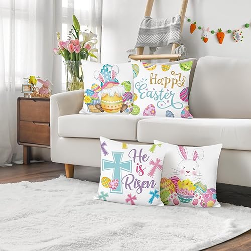 Miniatura 2 de Bonhause Juego de 4 fundas de almohada de 18 x 18 pulgadas, diseño de huevos de Pascua, conejo, primavera, fundas de cojín de terciopelo suave para