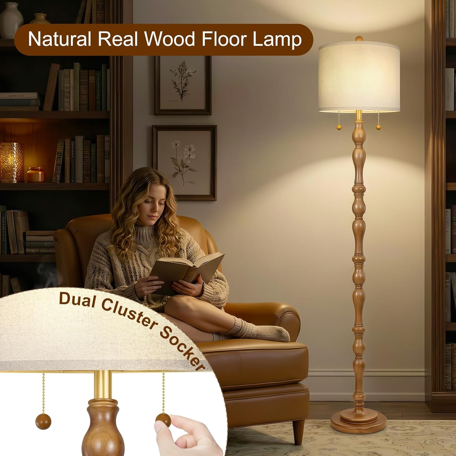 Scenekoy 65.5 Natural Real Wood Floor Lamp for Living Room Bedroom, Dual Pull Chains Switch, Wooden Base, Rustic Farmhouse Standing Floor Lamp with Linen Shade for Living Room Bedroom Office