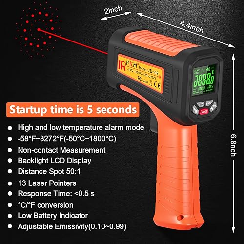 Miniatura 9 de FKM Pistola de termómetro infrarrojo de 58 F  3272 F, pistola de temperatura láser de alta precisión 501 sin contacto, pistola digital de
