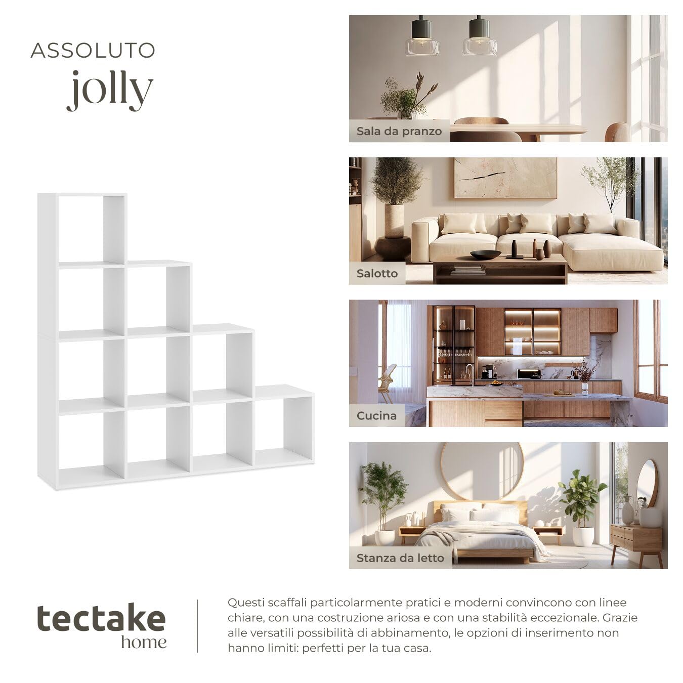 tectake® Libreria Moderna con 10 Scomparti, 130x130x29 cm, Design a Cubo, Protezione Ribaltamento, Libreria Scaffale, 10 Scaffali, Antiscivolo, Soggiorno, Ufficio, Cameretta - Bianco