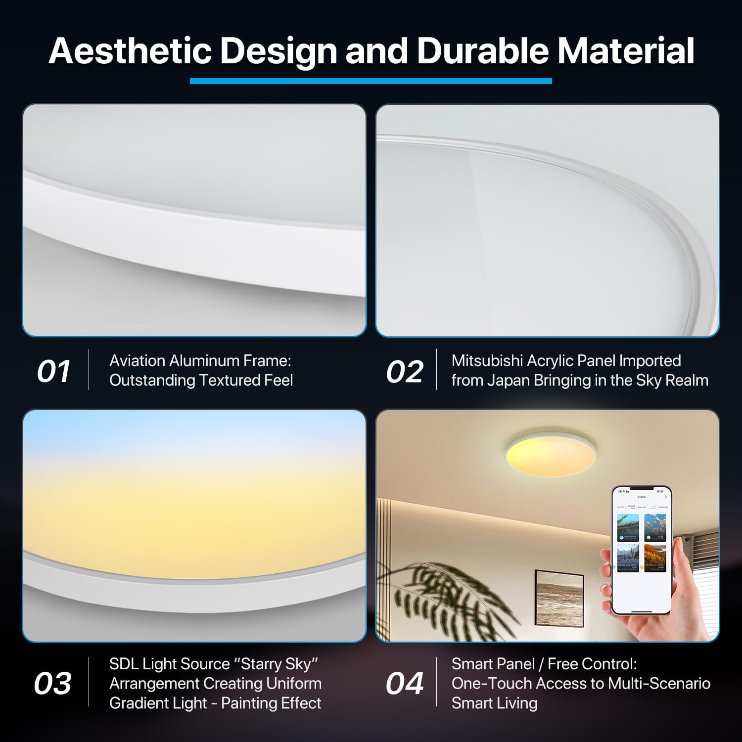 Smart LED Ceiling Lights Flush Mount - 80W 4800lm RGB & 1800K-12000K Tunable White, Dimmable Ceiling Light Fixture for Bedroom, App & Remote Control, Dynamic Modes, CRI>95,24 Inch