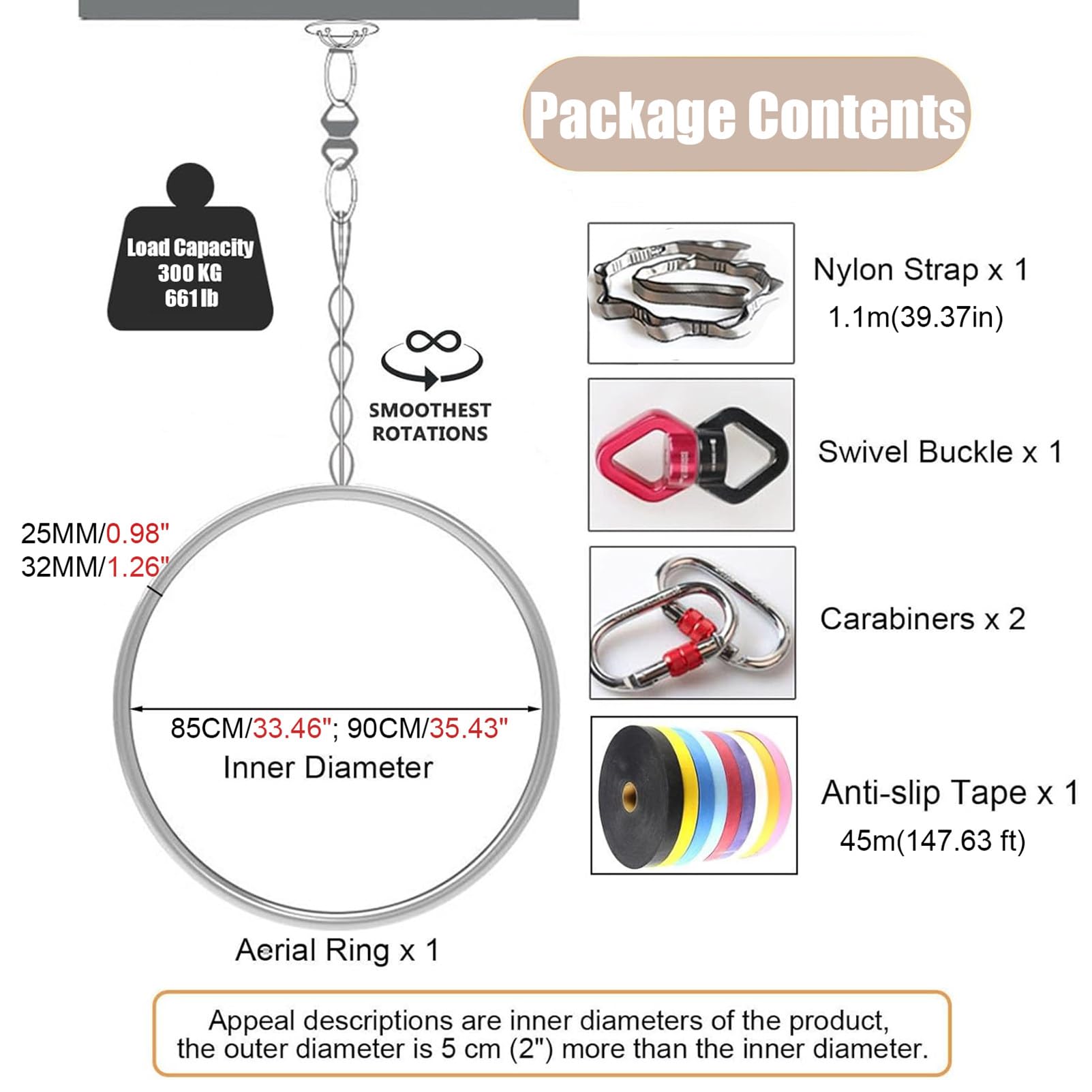 Juego de aros aéreos, aro profesional Lyra para acrobacia y circo, incluye kit completo de herramientas de aparejo, ideal para entrenamiento de artes aéreas