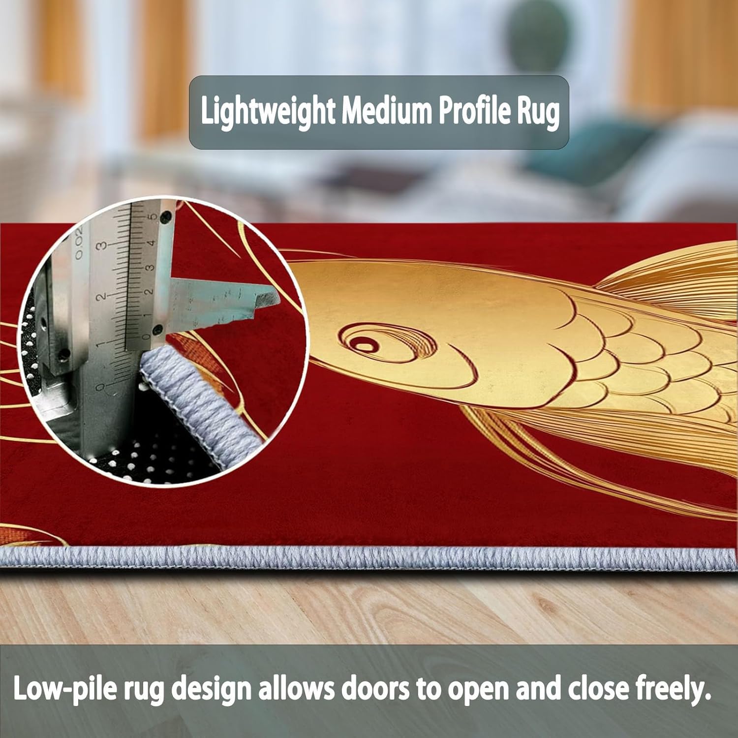 Red Print Round Rug 7' x 7', Chinese Style Fish Peony Flowers Washable Circular Carpet Runner - Non Slip Circle Area Rug 7 ft Carpet Absorbent Mat for Kitchen Living Room Bedroom Decoration