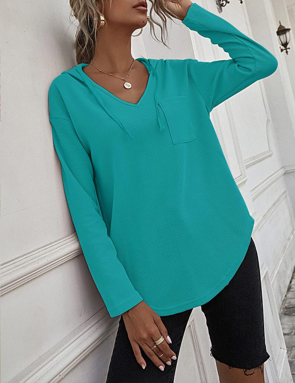 Cuptacc Felpa Donna con Cappuccio 2024 Maglione Scollo A V Autunno Maglia Manica Lunga Camicia Elegante