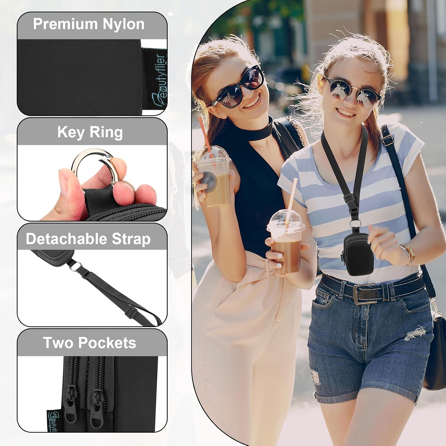 Beautyflier Double Pockets Hand Sanitizer Spray Case for Touchland Power Mist and Glow Mist 1FL OZ, Zipper Pouch for Hand Sanitizer Spray Bottle, with Extra Removable Neck Strap, Fits Travel (Black)