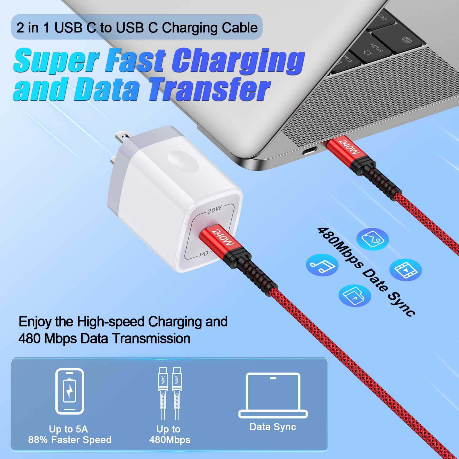 Cable USB C a USB C de 3 pies, cable de carga rápida tipo C de 240 W, cable de carga USB C para Google Pixel 10/10 Pro/10 Pro XL/10 Pro Fold/9/8/7/6/5, Samsung S25, iPhone 17, MacBook Pro/Air