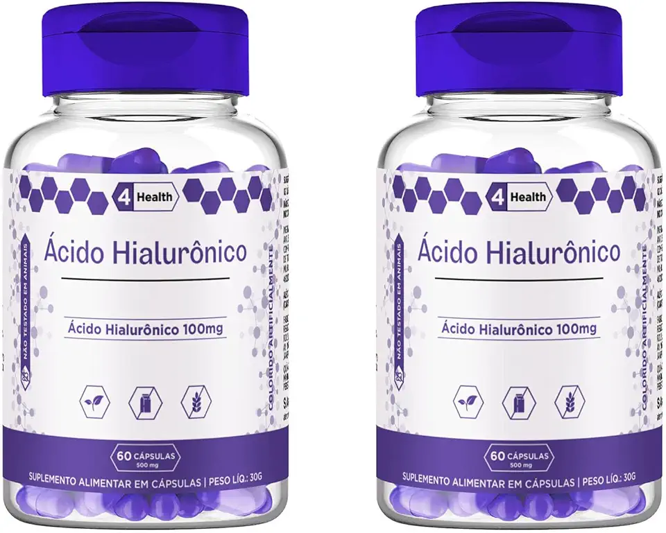 Suplemento Ácido Hialuronico, Hidratação, Firmesa 100mg 60 capsulas - 4 Health - 2 POTES