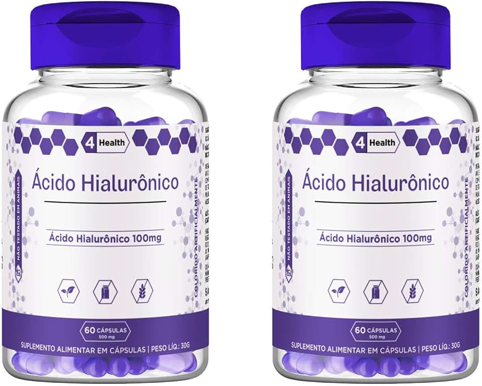 Suplemento Ácido Hialuronico, Hidratação, Firmesa 100mg 60 capsulas - 4 Health - 2 POTES