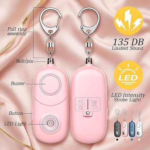 Miniatura 2 de Alarma personal para mujeres, llavero de alarma: Qoosea 4 unidades de llavero de emergencia de 135 dB sirena con luz estroboscópica para mujeres,
