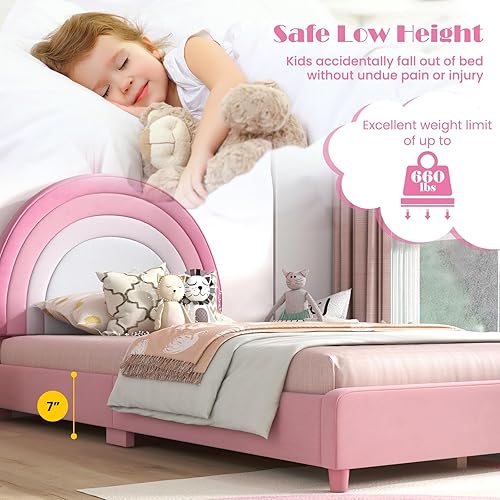 Miniatura 34 de HONEY JOY Marco de cama individual para niños, plataforma de cama individual de madera con cabecera y base de listones, no necesita somier, muebles