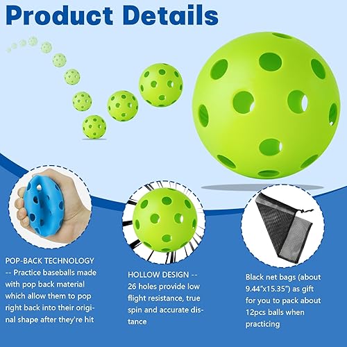 Vista 29 de Coopay Paquete de 12/50/100 pelotas de práctica de béisbol, bolas de entrenamiento de plástico, bolas de sóftbol huecas ligeras con una bolsa