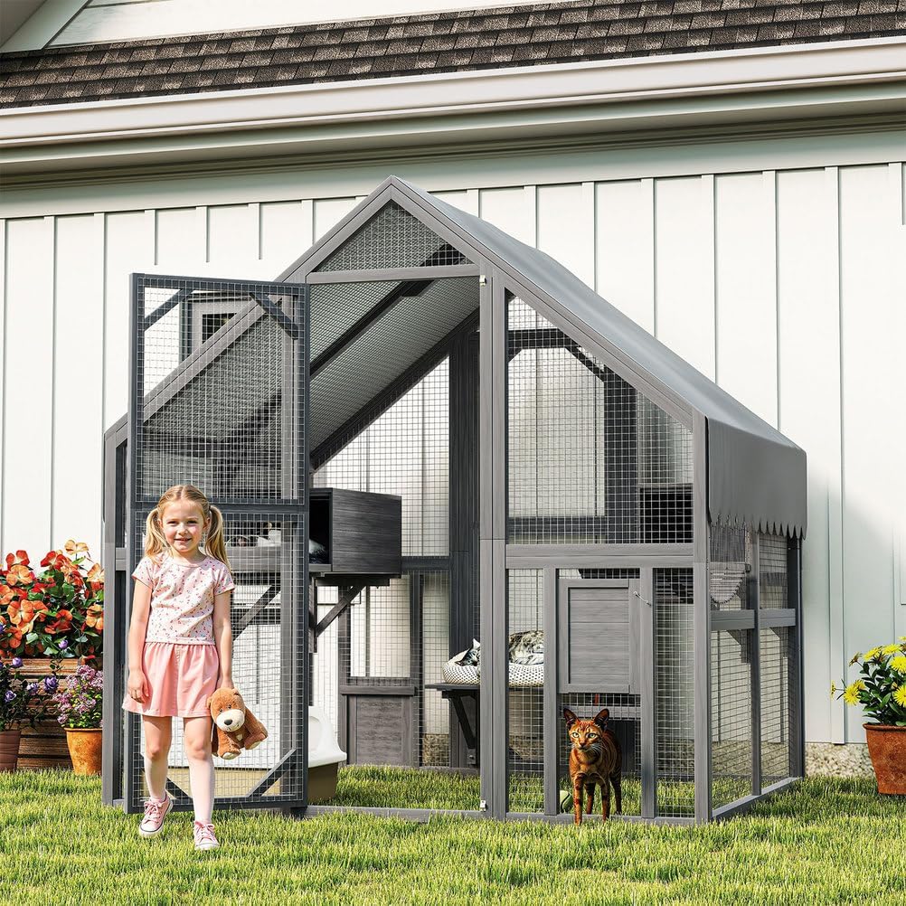 74" Outdoor Cat Enclosure Large Wooden Catio, Cat House with 2 Platforms, 2 Rest Boxes & Bridge, Weather-Protective Canopy, Safe Cat Run for Backyard Patio