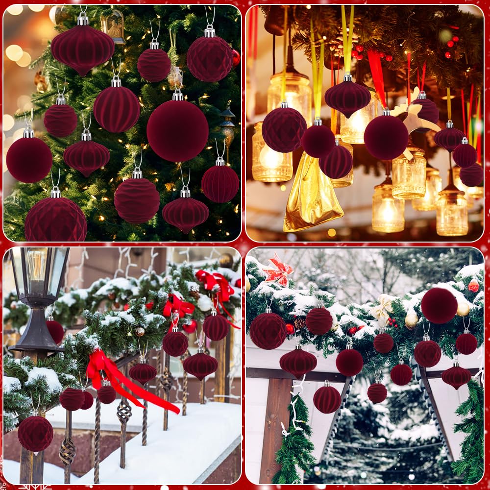 XIMISHOP Lot de 28 boules de Noël en velours, boules rouges floquées incassables pour décoration de Noël, boules suspendues pour décoration de sapin de Noël et de maison pour les fêtes