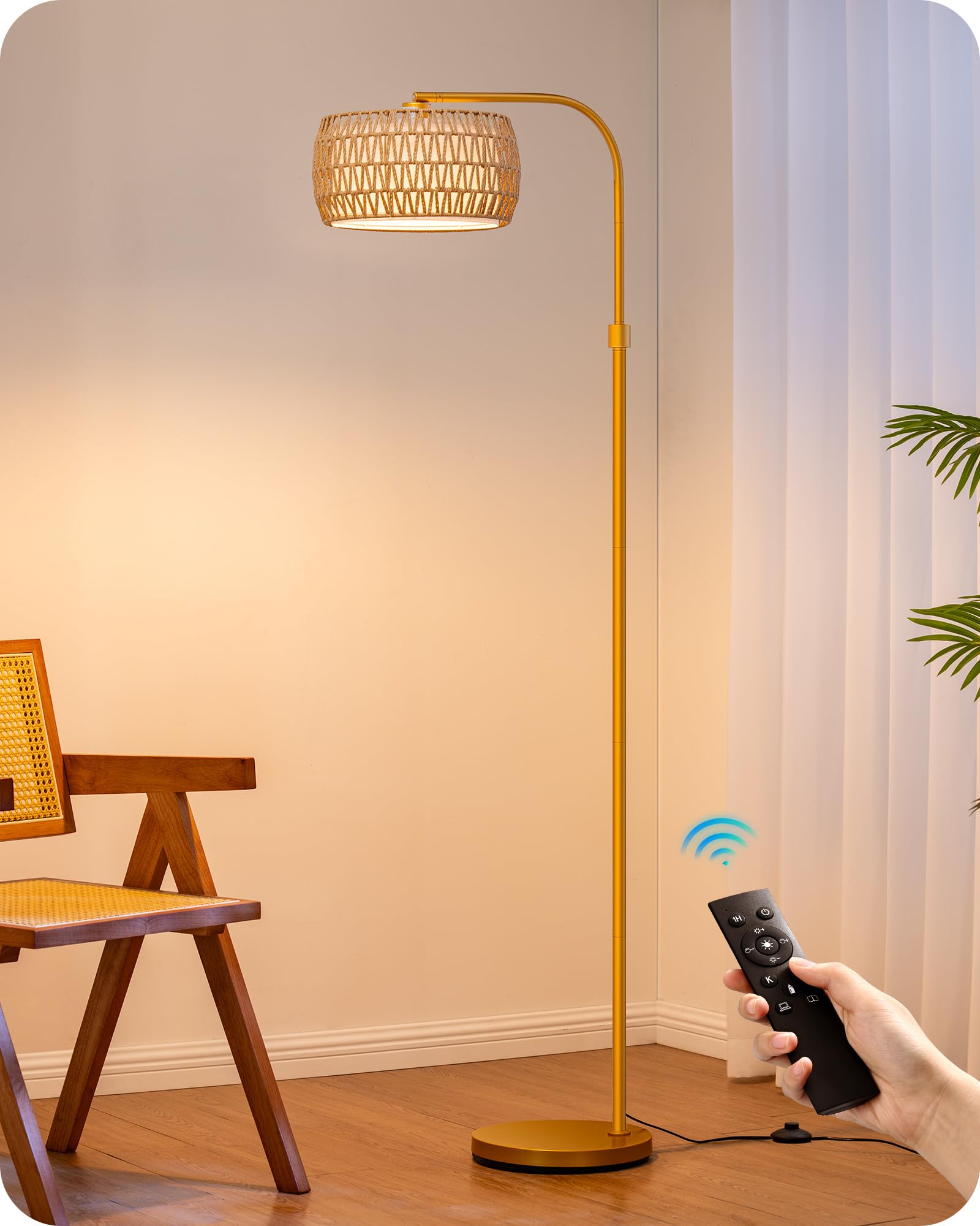 EDISHINE Lámpara de Arco Regulable para Salón, Lámpara de Pie con Casquillo E27, Bombilla LED y Control Remoto, 2700K-6000K Temperatura de Color, Regulación Continua, Cabezal Giratorio, Dorado