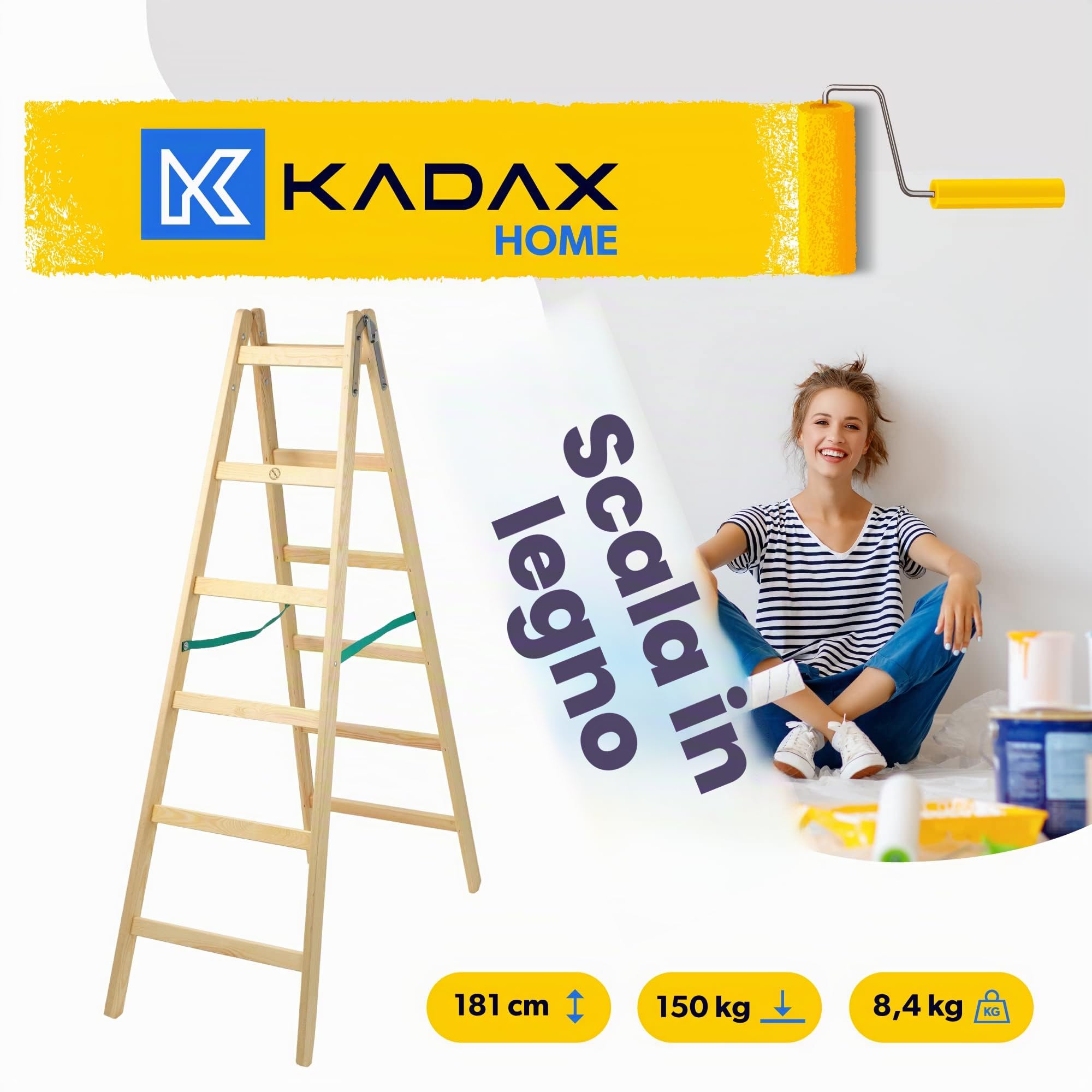 KADAX Scala a Pioli Doppia in Legno di Pino Impregnato, Scaletta Pieghevole con Gancio in Acciaio e Certificata EN 131, Fino a 150 kg (6 Gradini)