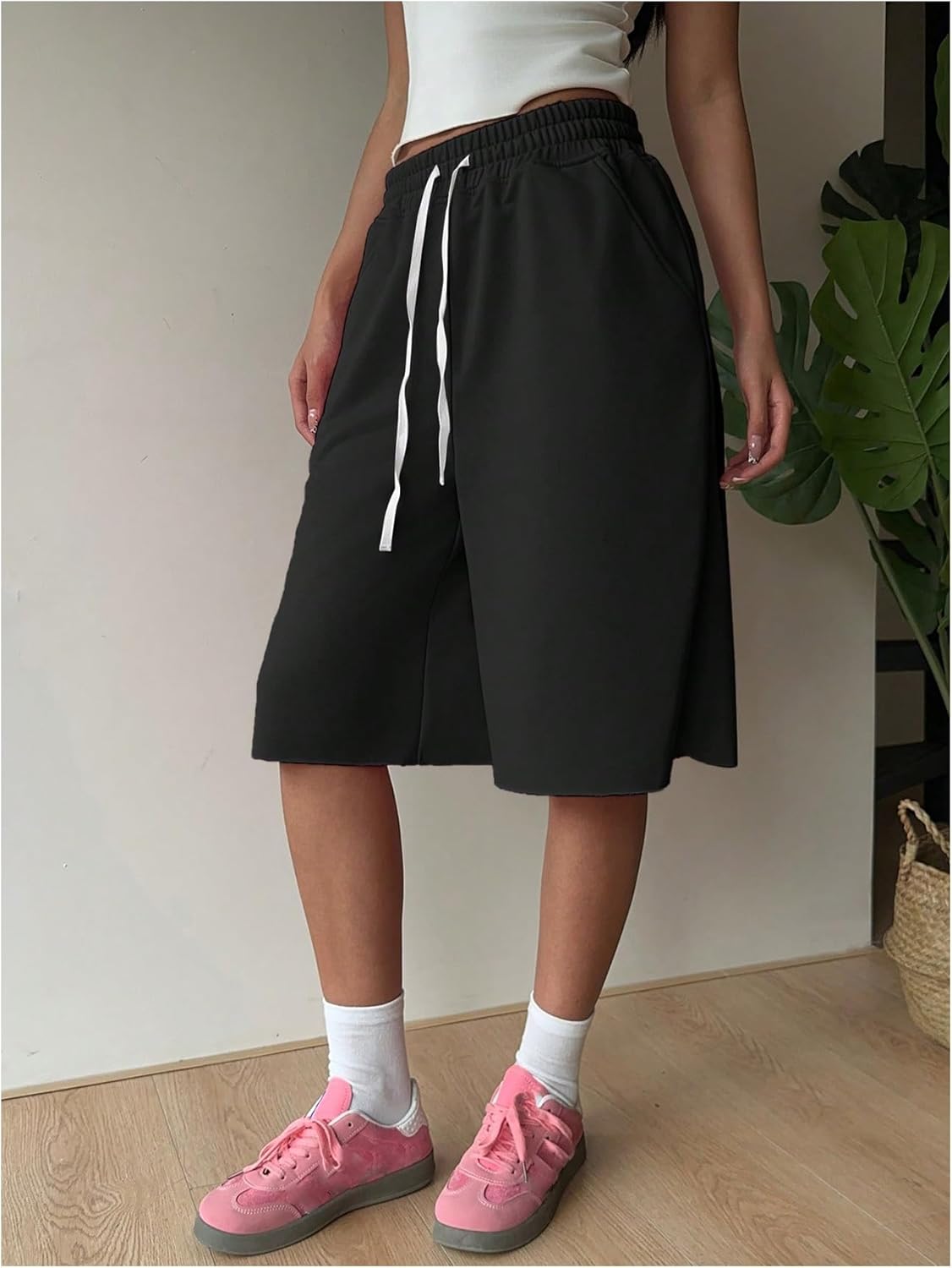 SHENHE Women's Wide Leg Sweat Shorts Drawstring Casual Lounge Sports Knee Length Bermuda Shorts - Image 3